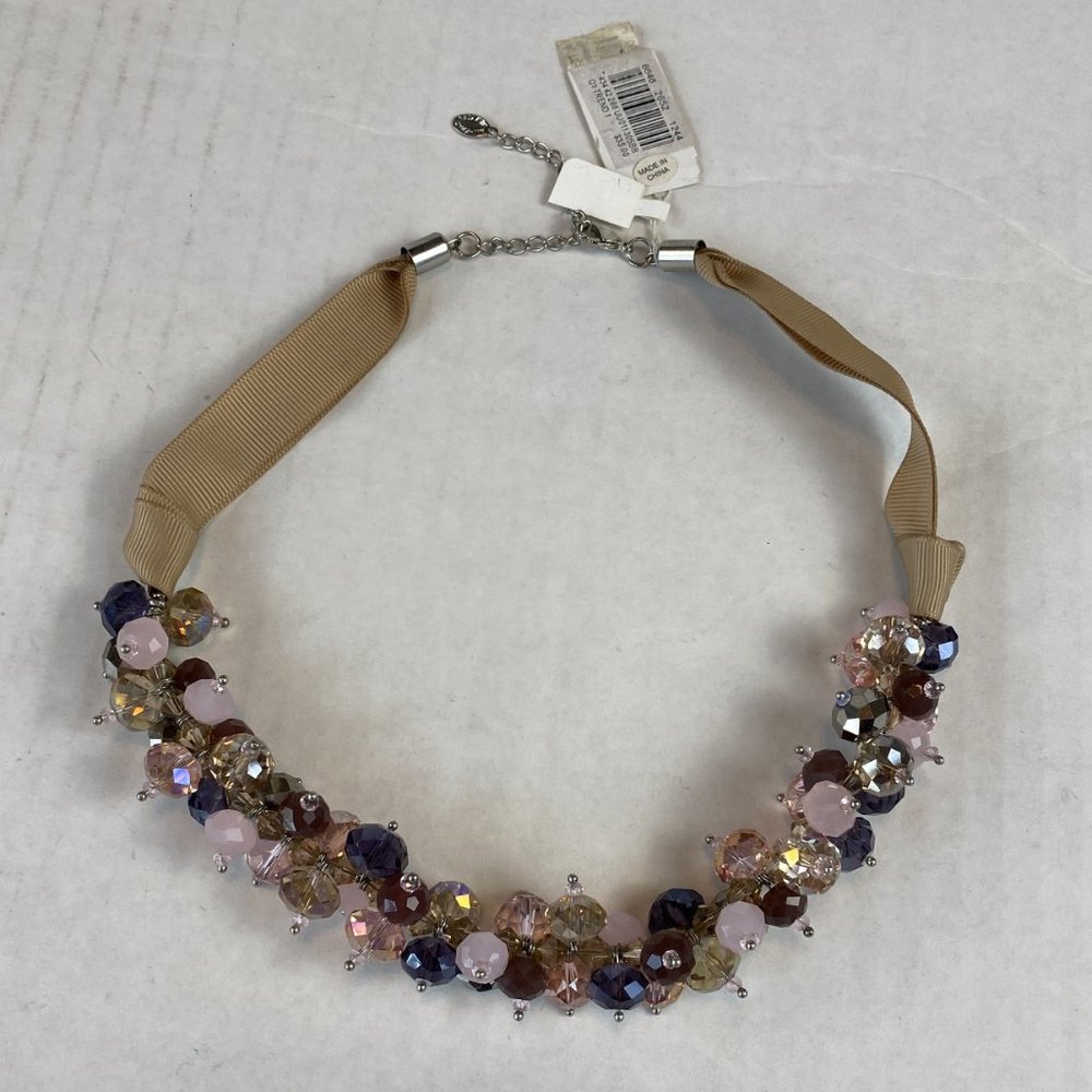 NWT Gold Purple Pink Taupe Beaded Grosgrain Ribbon Silver Clasp Macy's Necklace